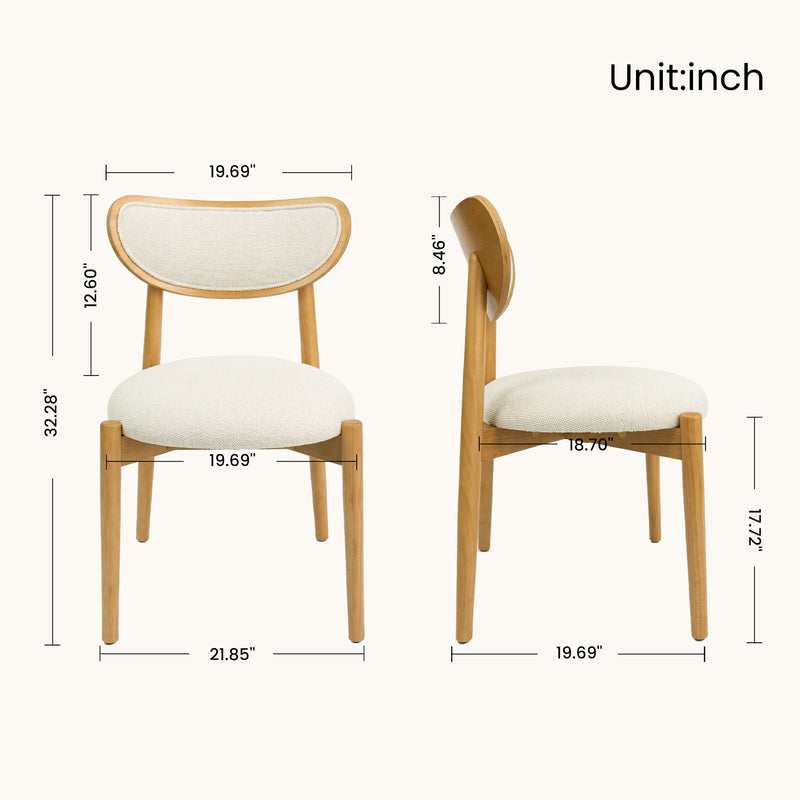 Beige upholstered dining chair with front and side dimensions