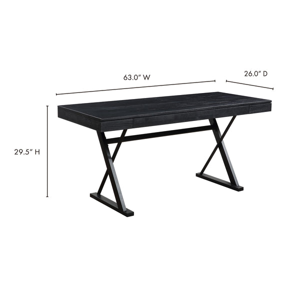 Black ash desk with wide tabletop and crossed X-frame legs