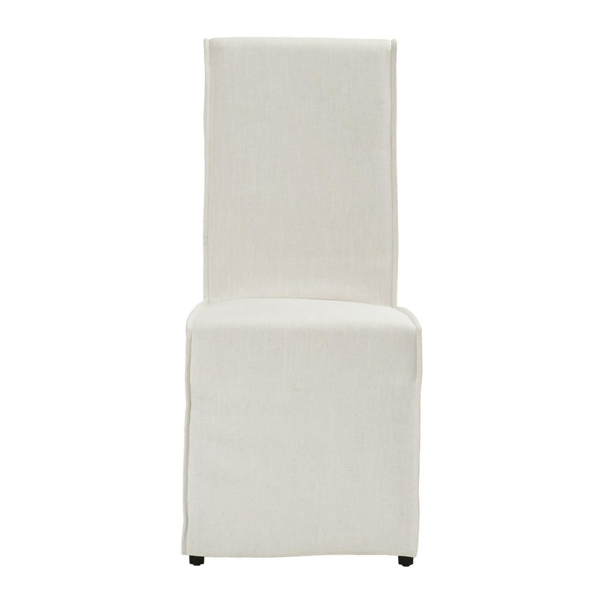 White upholstered dining chair with tall backrest and padded seat, black base feet