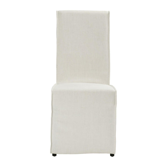 White upholstered dining chair with tall backrest and padded seat, black base feet