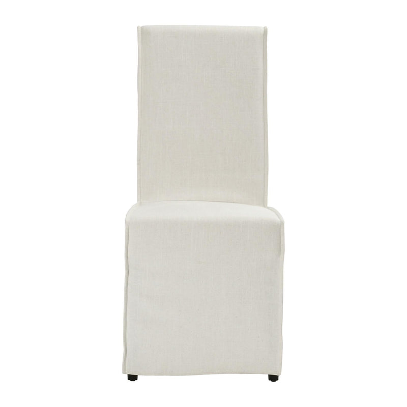 White upholstered dining chair with tall backrest and padded seat, black base feet