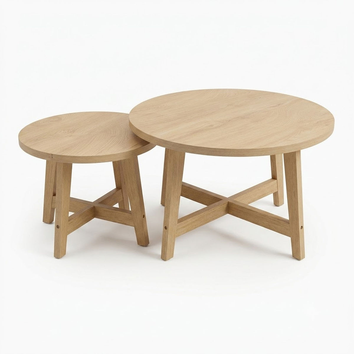 Light brown round nesting coffee table set with two side-by-side tops and cross braces