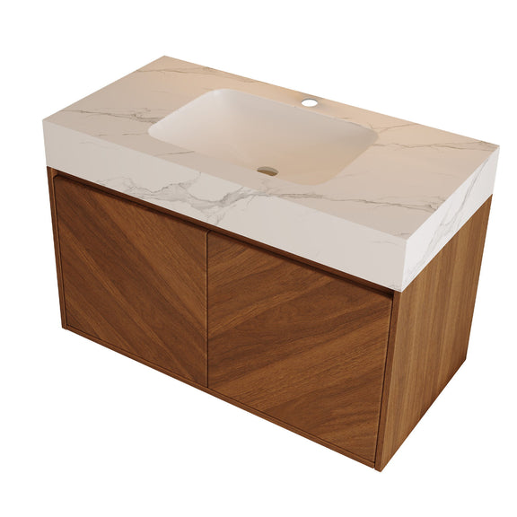 Wall-mounted walnut bathroom vanity with white marble-pattern sink and two cabinet doors