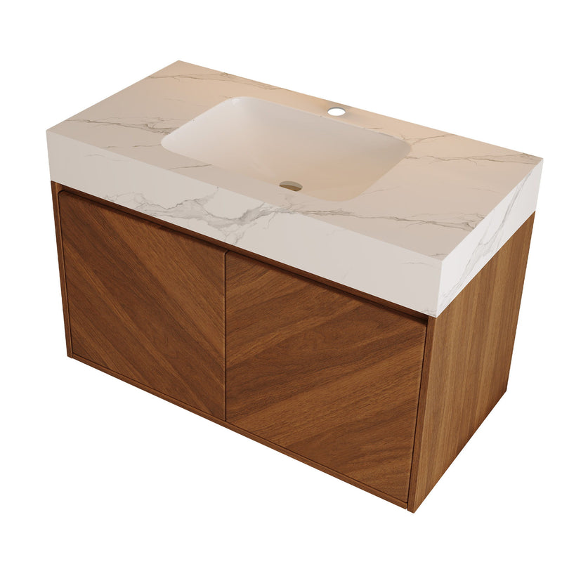 Wall-mounted walnut bathroom vanity with white marble-pattern sink and two cabinet doors