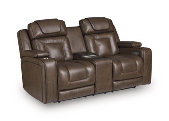 Power recline loveseat with dark brown leather-look upholstery and center console