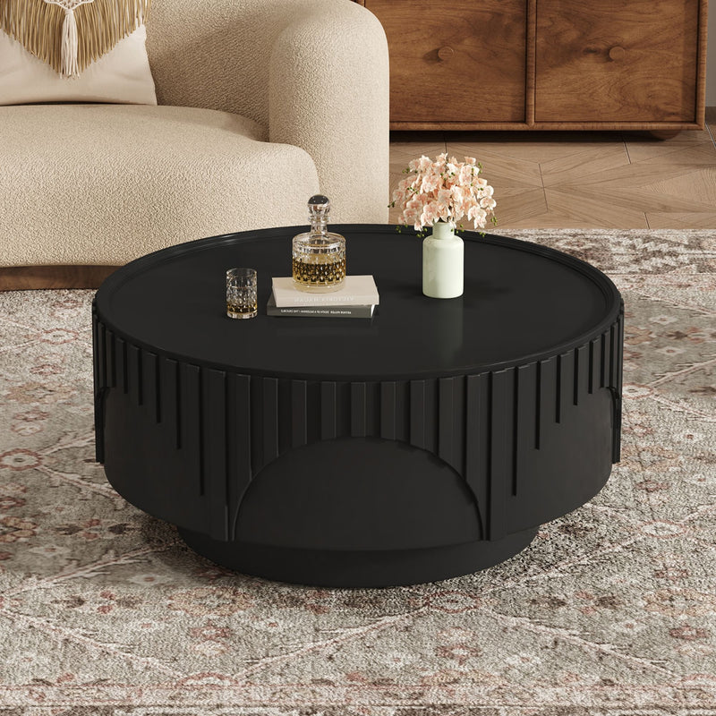 Round Fluted Drum Coffee Table With Sturdy Base For Living Room