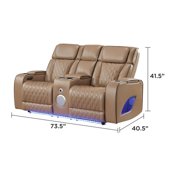 Power reclining loveseat in tan/beige leather-look with blue LED base and control panel