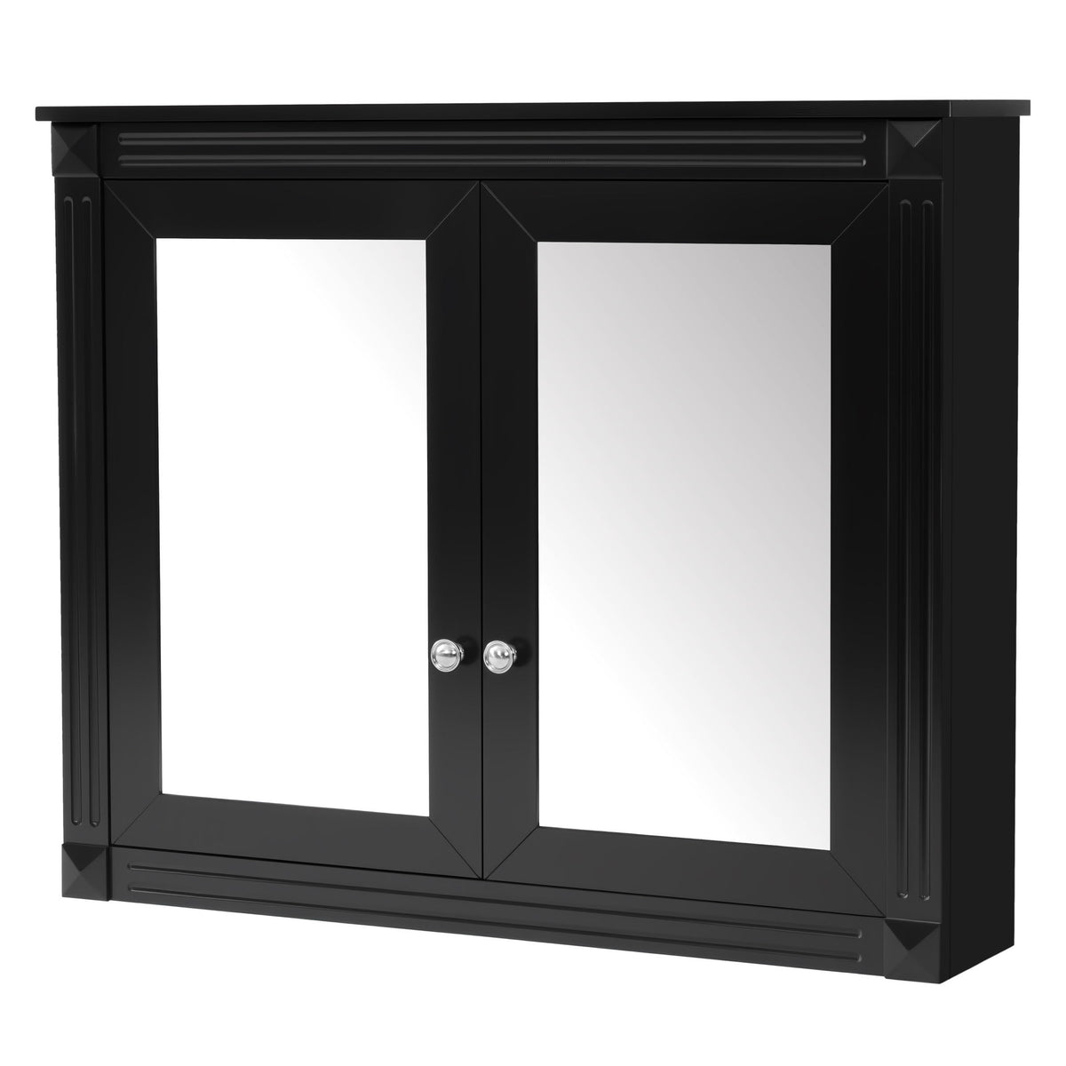 Black wall-mounted medicine cabinet with two mirrored doors