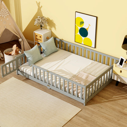 Full Size Floor Bed with Fence and Door, Rubber Wood Floor Bed with Safety Guardrails, Grey