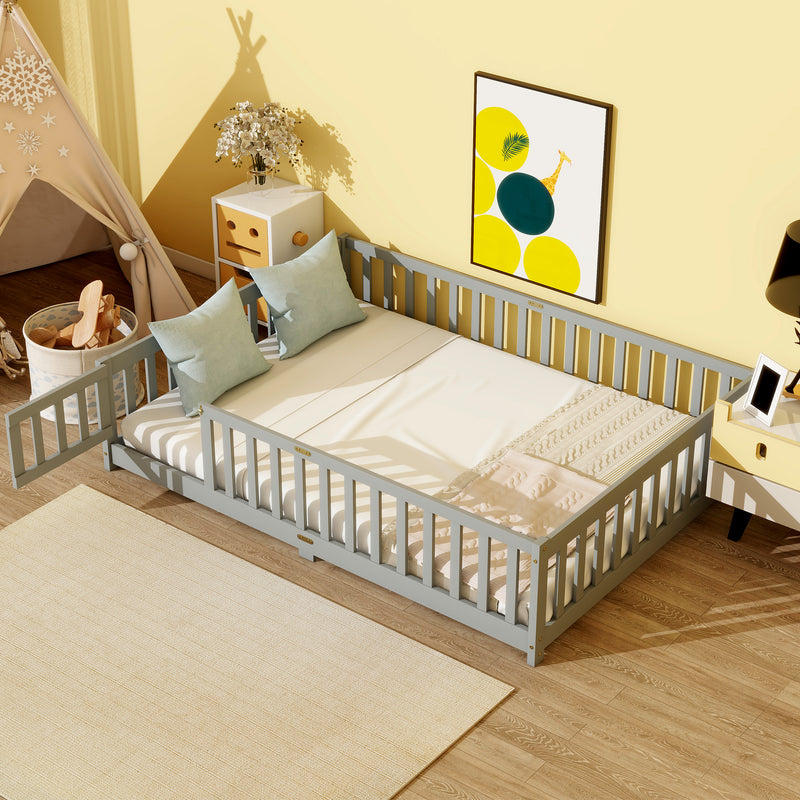 Full Size Floor Bed with Fence and Door, Rubber Wood Floor Bed with Safety Guardrails, Grey