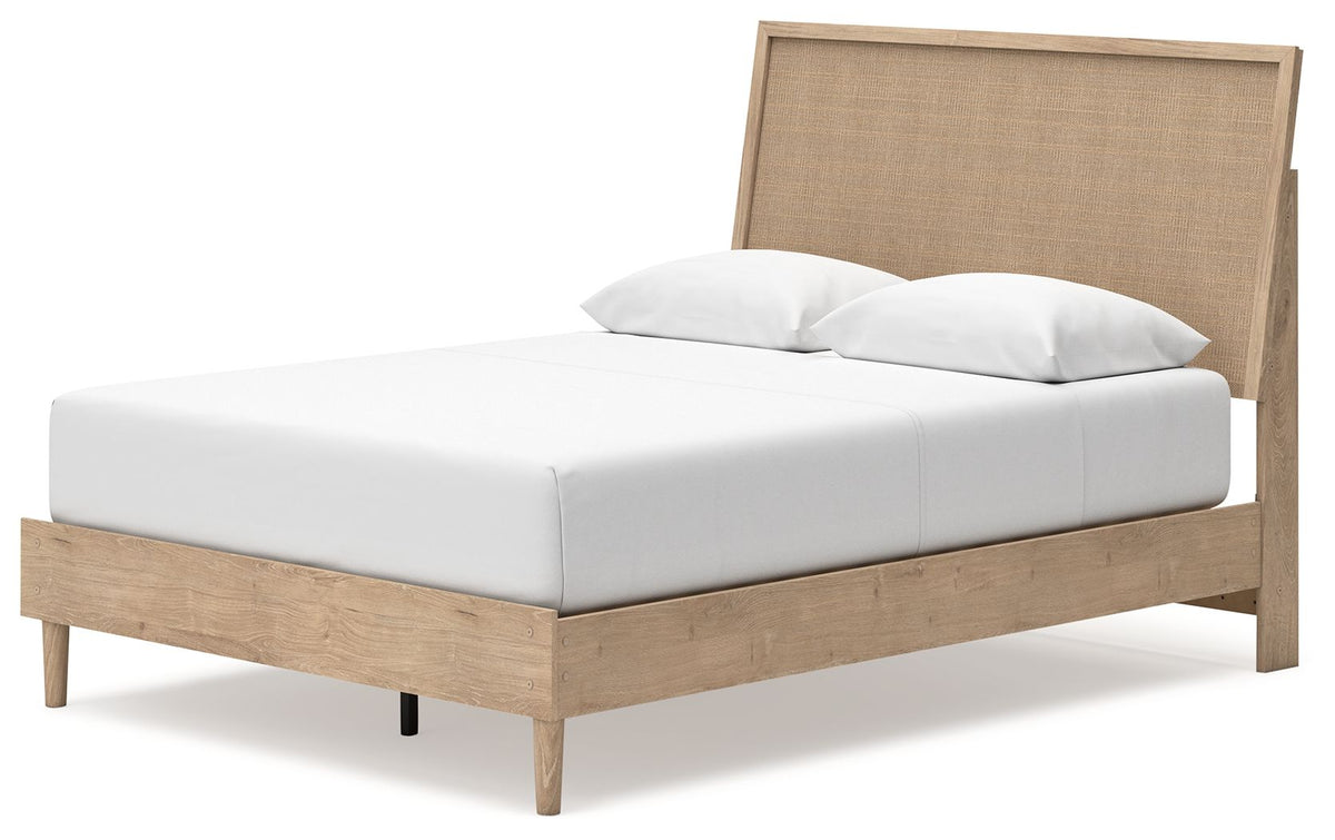 Beige panel bed with upholstered headboard and padded side rails
