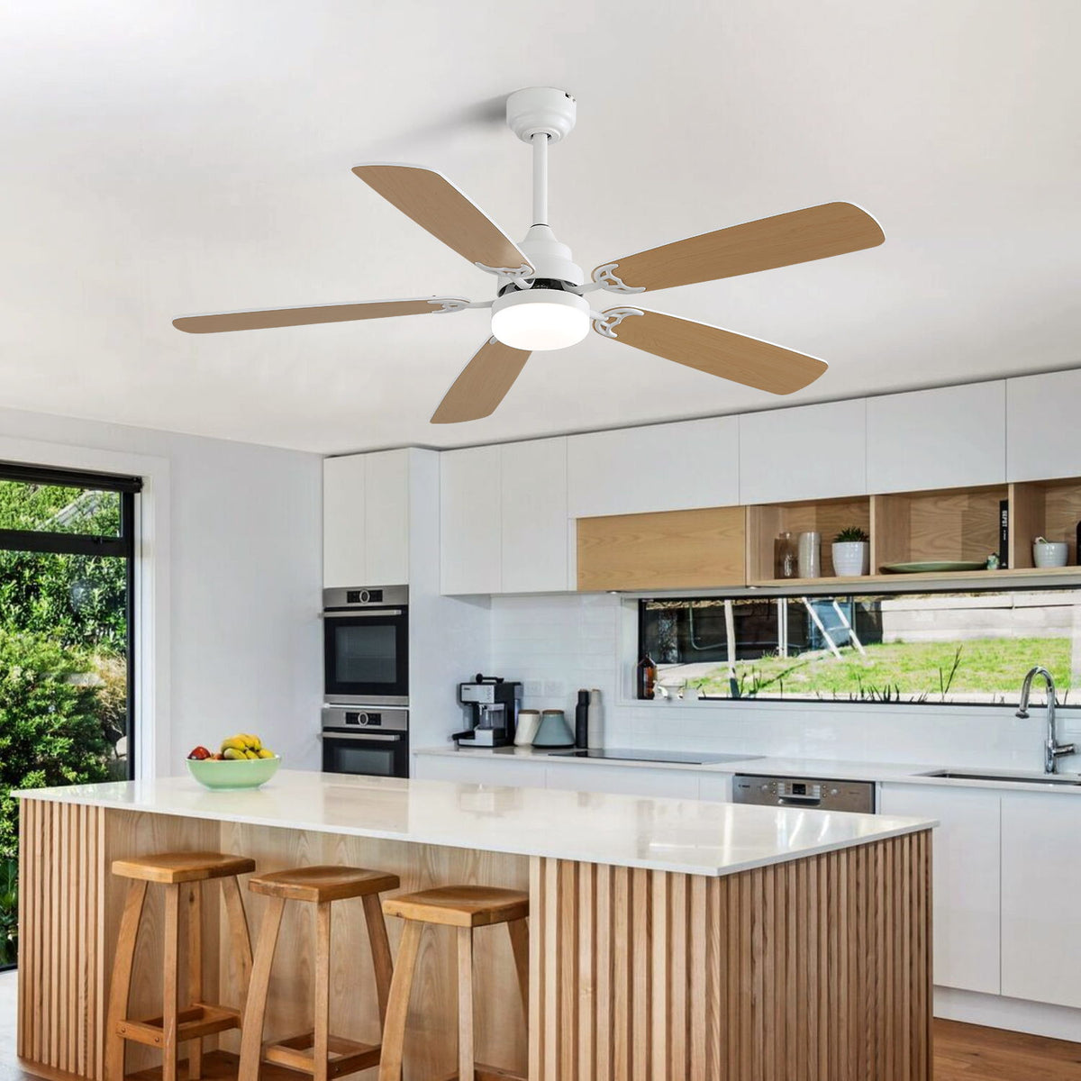 White ceiling fan with LED light and five wood blades, angled view