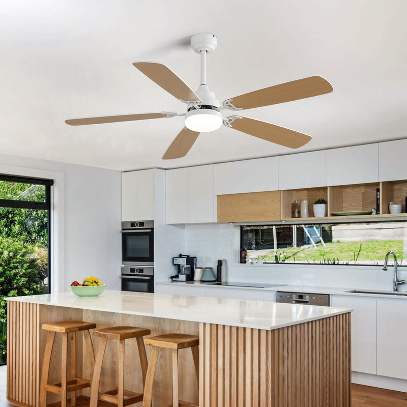 White ceiling fan with LED light and five wood blades, angled view