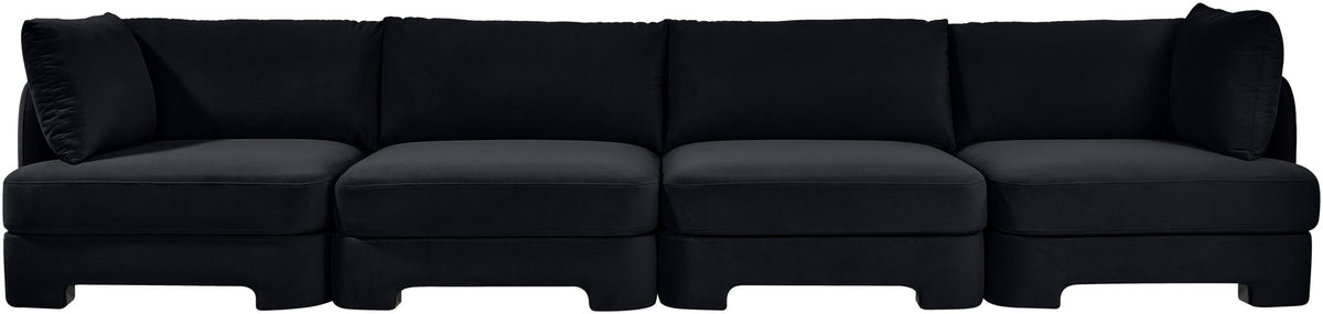 Black velvet performance fabric modular sectional sofa with four seat sections