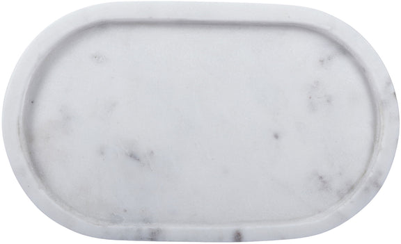 White marble serving tray, oval shallow with smooth raised edge.