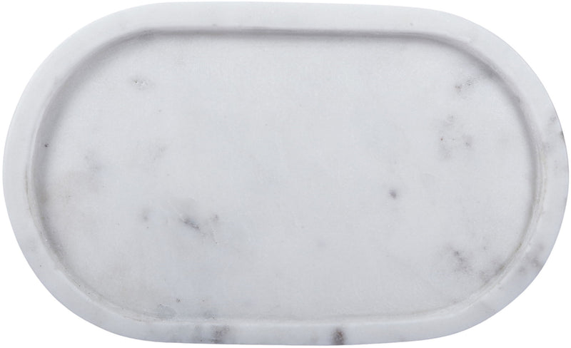 White marble serving tray, oval shallow with smooth raised edge.