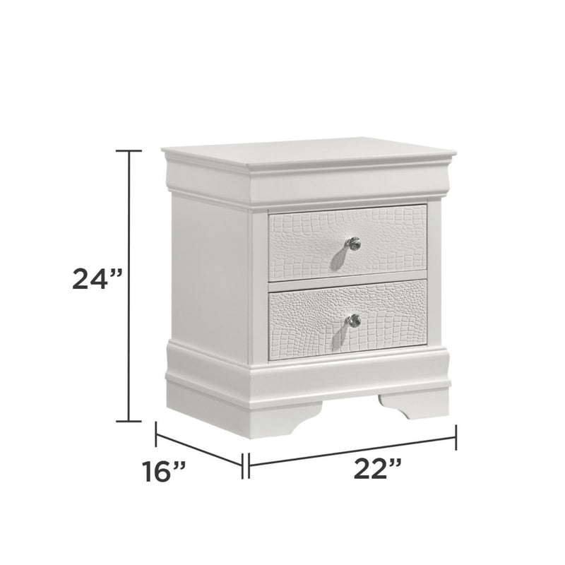 White 2-drawer nightstand, 24"H x 22"W x 16"D, textured drawer fronts