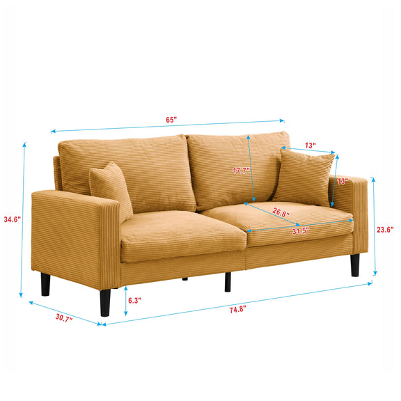 Orange three-seater sofa with box arms, three seat cushions, and bolster pillows (with size marks)