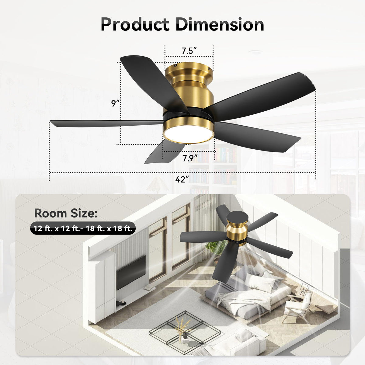 Flush Mount Ceiling Fan With LED Light 22W And Remote Control Blades / Body, DC Motor