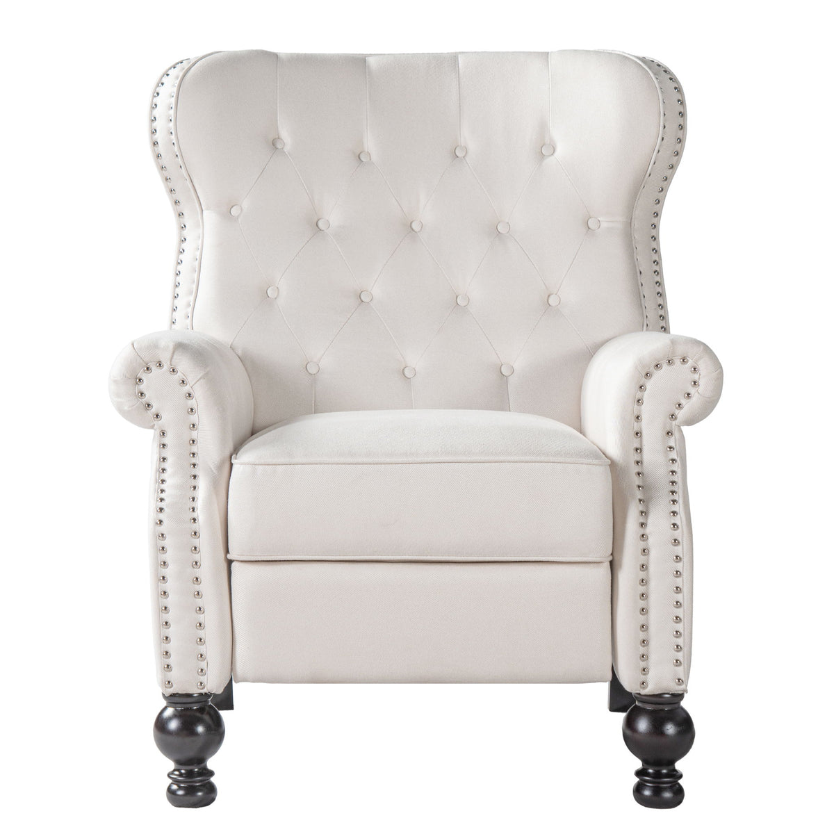 White tufted recliner chair with studded trim, rounded arms, and dark ball feet.
