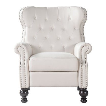 Beige button-tufted push-back recliner chair with rolled arms and nailhead trim