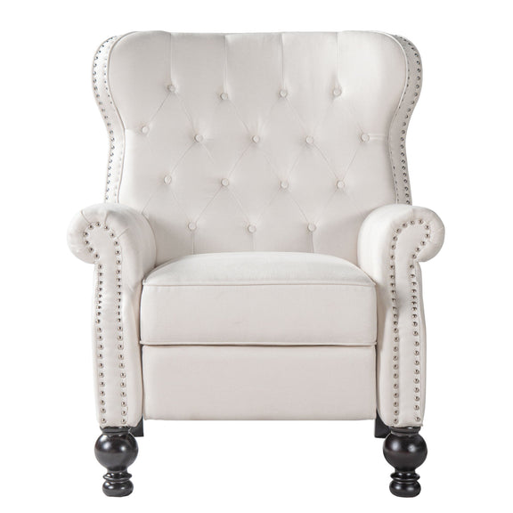 White tufted recliner chair with studded trim, rounded arms, and dark ball feet.