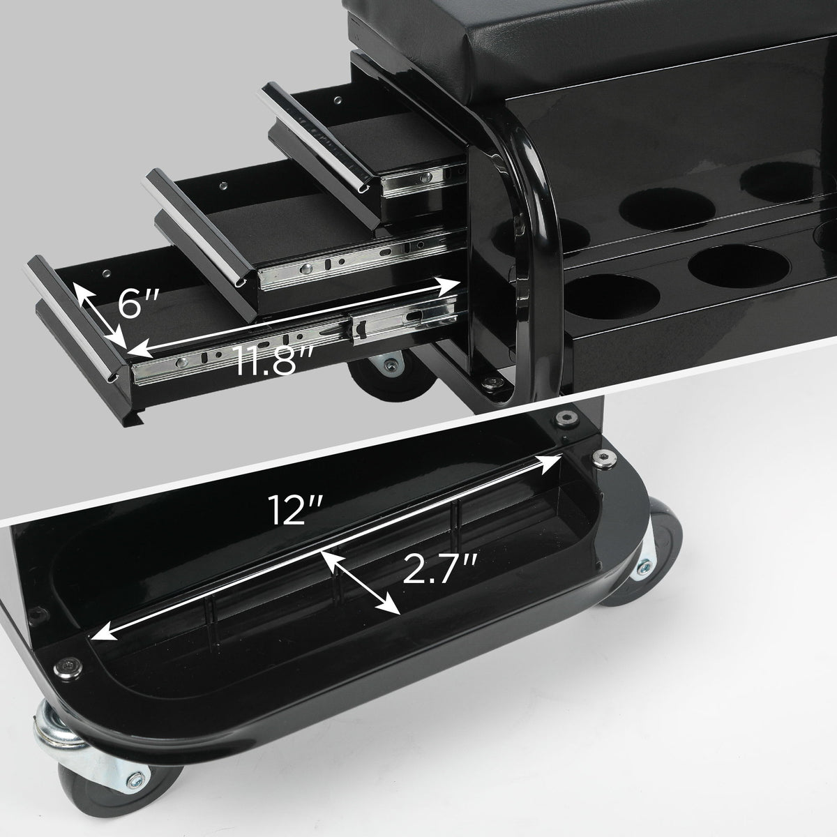 Rolling Creeper Garage Seat With 3 Built In Drawers, Rolling Tool Chest For Shop Or Garage - Black