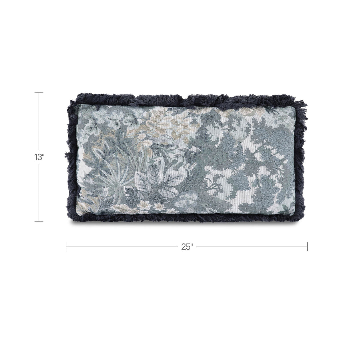 Blue-gray tapestry lumbar cushion, 13 x 25 in, with dark fringed edges and floral print