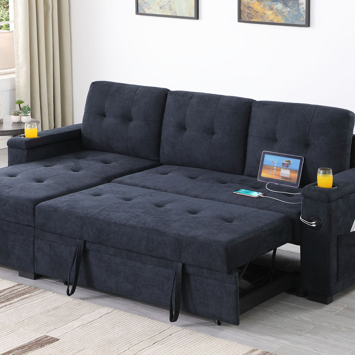 Ashlyn II - 84"W Woven Fabric Reversible Sleeper Sectional Sofa with Storage Chaise