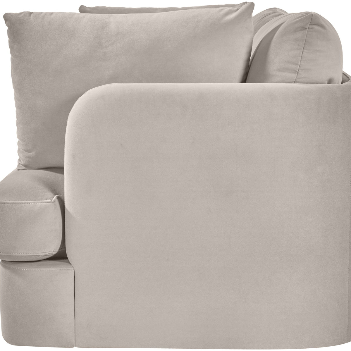 Light gray velvet upholstered loveseat with rounded arms and two back cushions