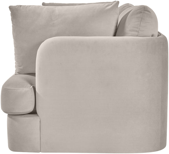 Light gray velvet upholstered loveseat with rounded arms and two back cushions