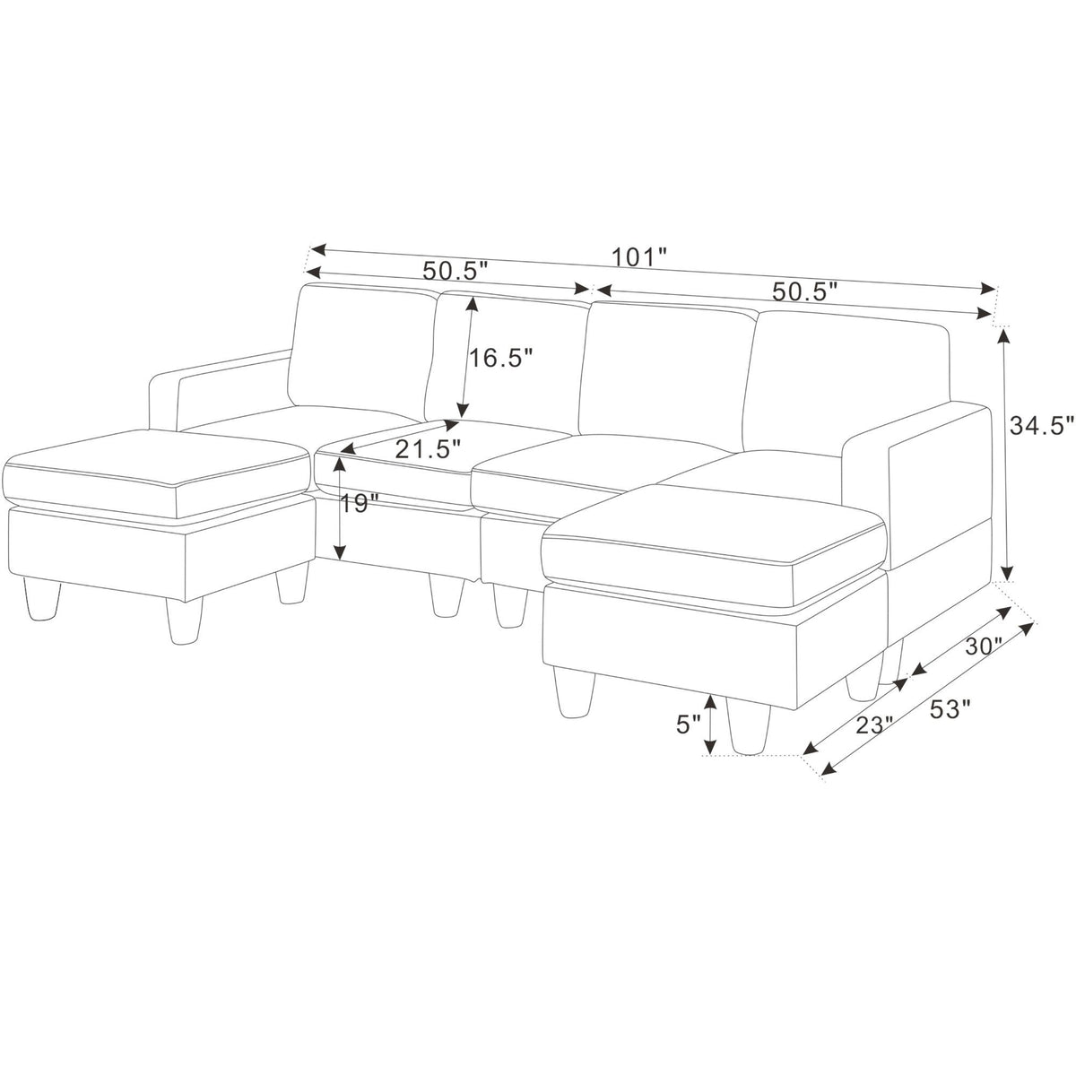 Modular sectional sofa layout drawing with two ottomans and labeled measurements