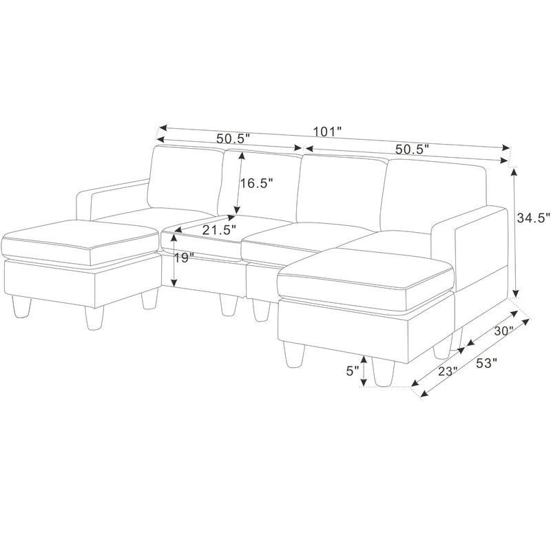 Modular sectional sofa layout drawing with two ottomans and labeled measurements