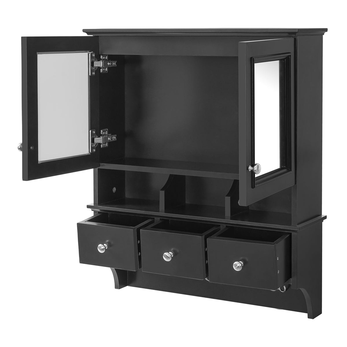 Black bathroom mirror cabinet with open doors, vanity drawers, and built-in mirror panels