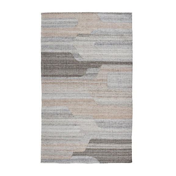 Sand-and-gray indoor/outdoor rug with mottled abstract pattern in blocks and lines
