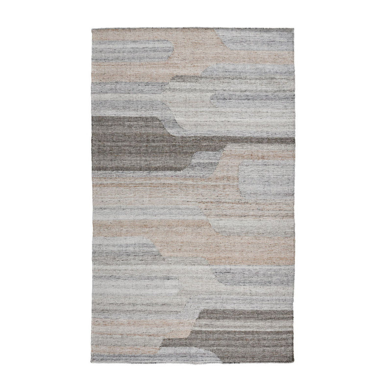 Sand-and-gray indoor/outdoor rug with mottled abstract pattern in blocks and lines