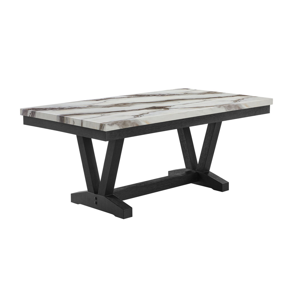 Black dining table with rectangular marble-look top and X-style base