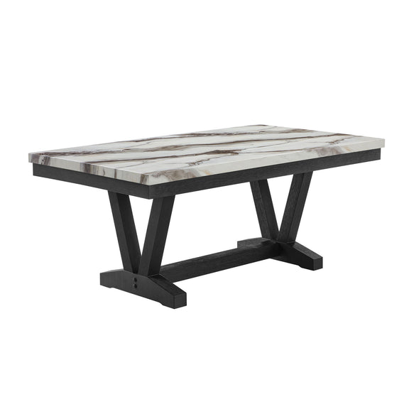 Black dining table with rectangular marble-look top and X-style base