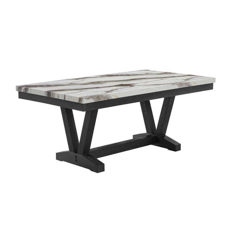 Black dining table with rectangular marble-look top and X-style base