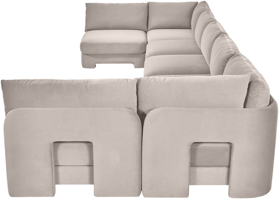 Light gray velvet performance fabric U-shaped armless sectional with plush seat cushions.