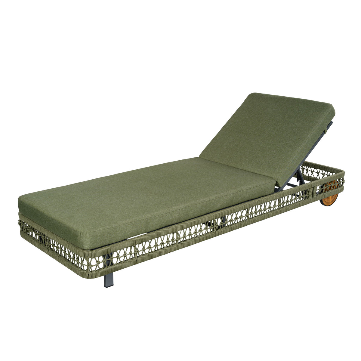 Green outdoor chaise lounge with wheels and 5-position adjustable backrest, padded cushions.