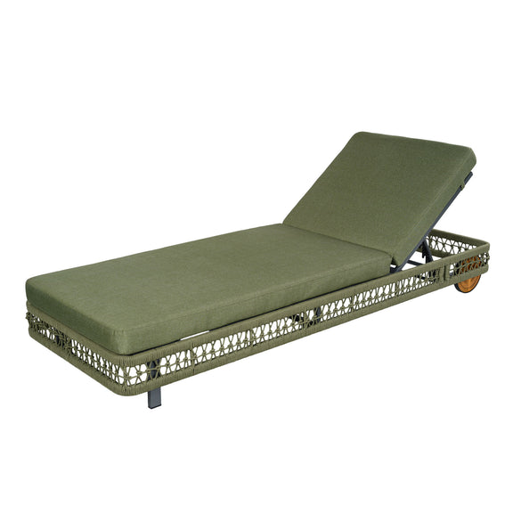 Green outdoor chaise lounge with wheels and 5-position adjustable backrest, padded cushions.