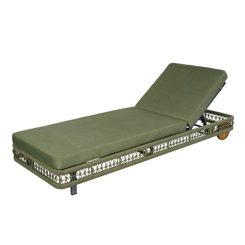 Green outdoor chaise lounge with wheels and 5-position adjustable backrest, padded cushions.