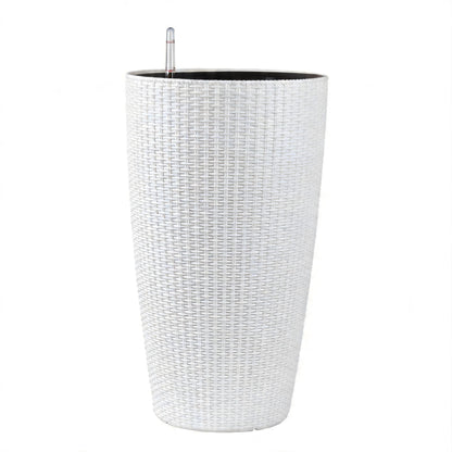 White tall woven self-watering planter with clear water level tube at center