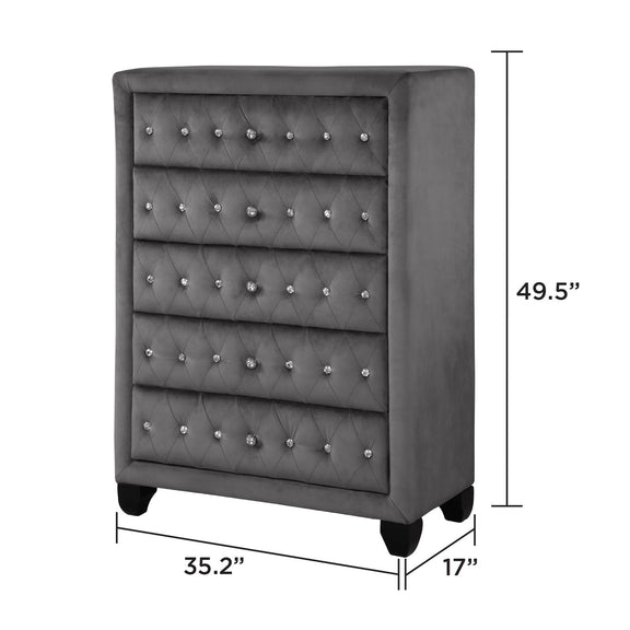Gray upholstered 5-drawer chest with tufted front; 49.5 in H, 35.2 in W, 17 in D