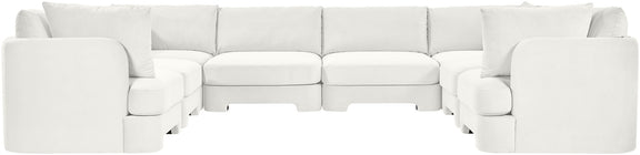 White velvet U-shaped sectional sofa with tufted look and padded armrests