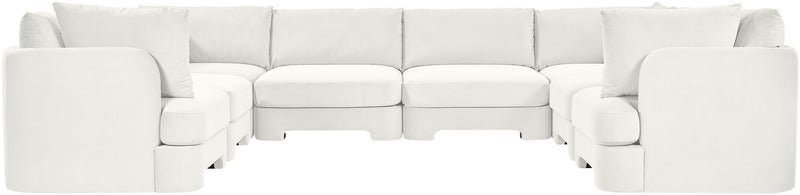 White velvet U-shaped sectional sofa with tufted look and padded armrests