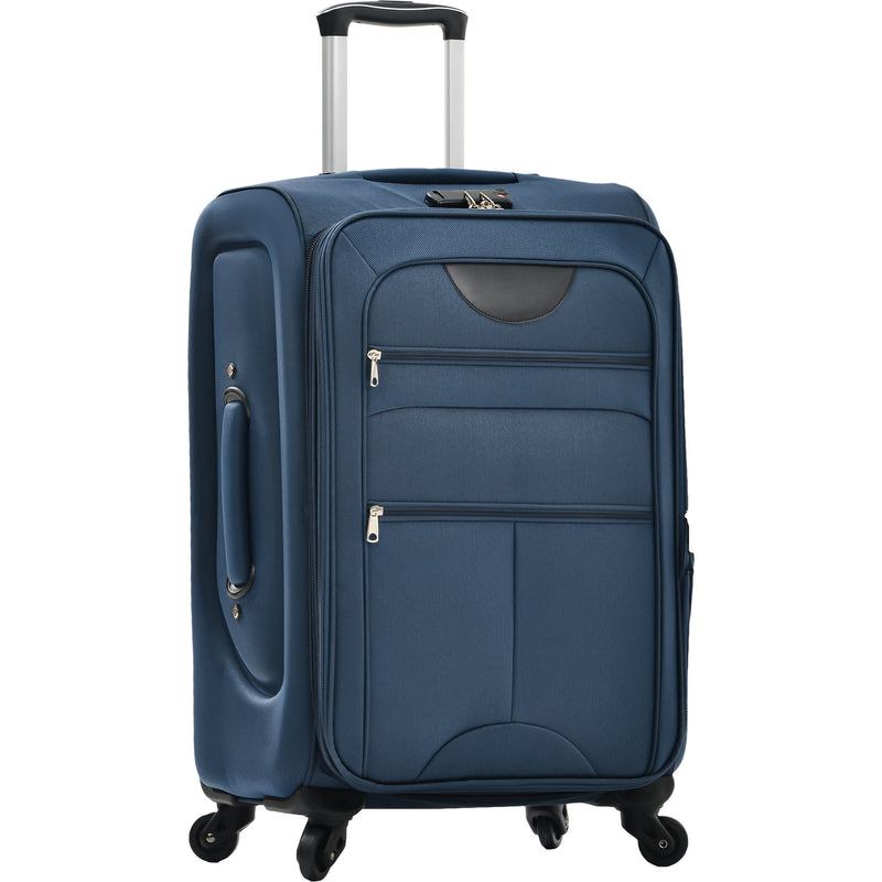 Dark blue softside upright spinner suitcase with telescoping handle and front zip compartments