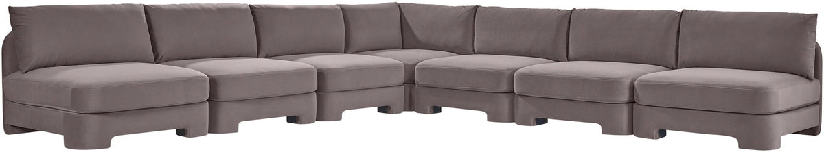 Gray velvet performance sectional sofa with armless chaise and sectional bench seating