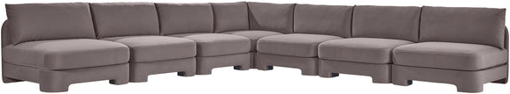 Gray velvet performance sectional sofa with armless chaise and sectional bench seating